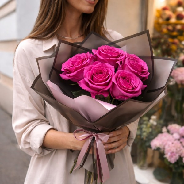 Букет розовые розы 50 см 5 шт.