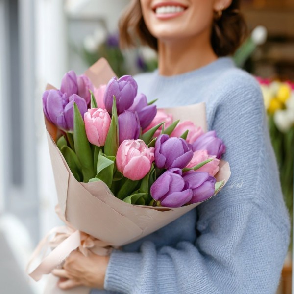 15 фиолетово-розовых тюльпанов