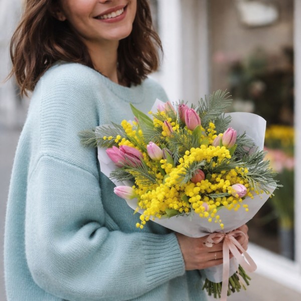 15 тюльпанов с мимозой