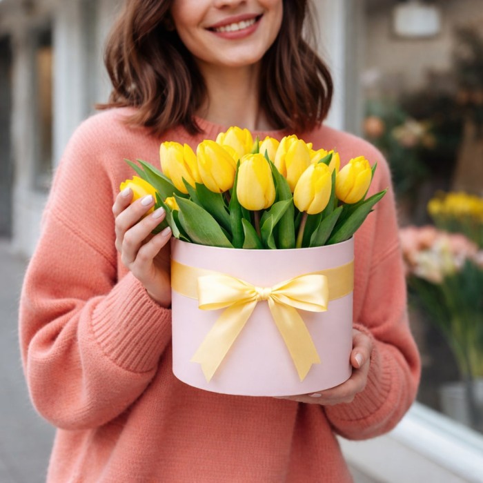 15 желтых тюльпанов в коробке
