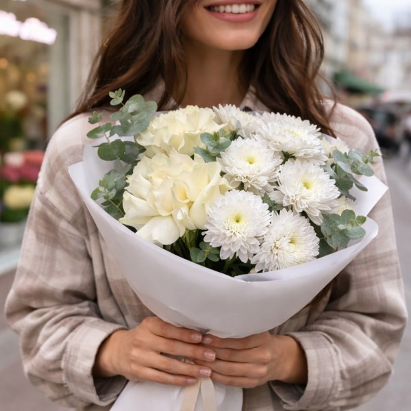 3 розы 2 хризантемы