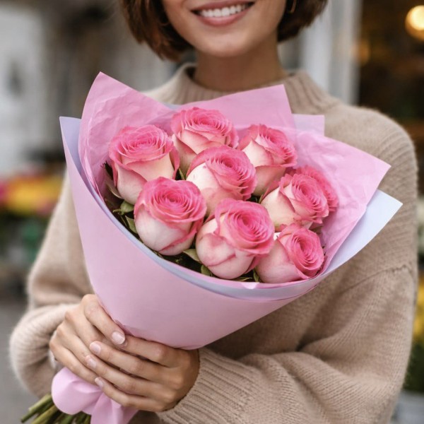 9 розовых роз