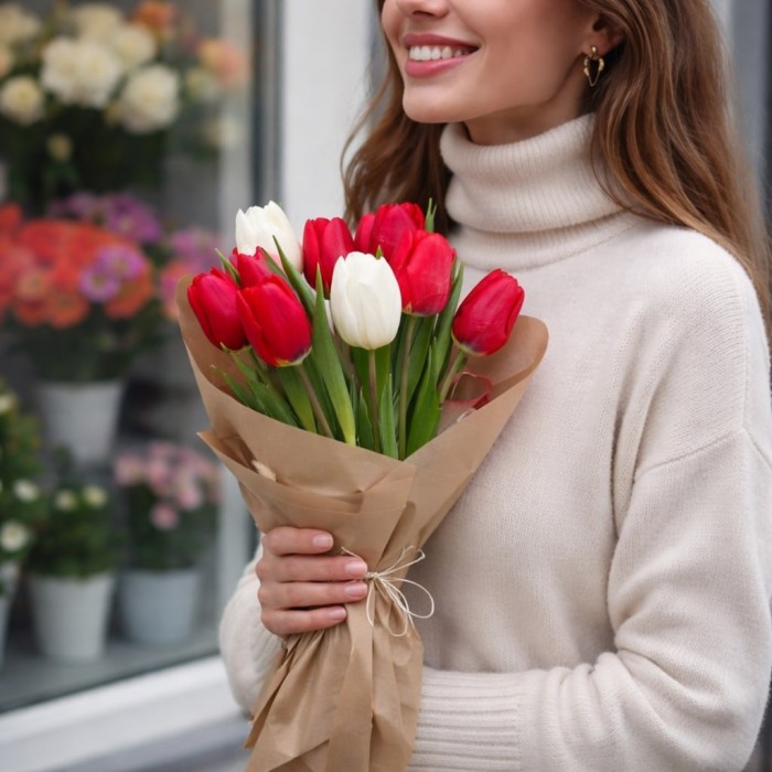 Букет из красных и белых тюльпанов