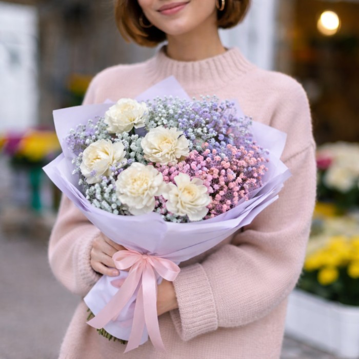 Гипсофила с гвоздикой в букете