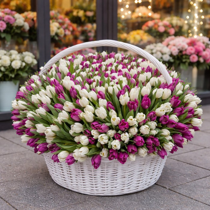 1001 бело-фиолетовый тюльпан в корзине