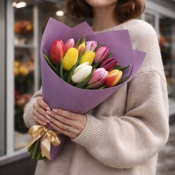 11 разноцветных тюльпанов