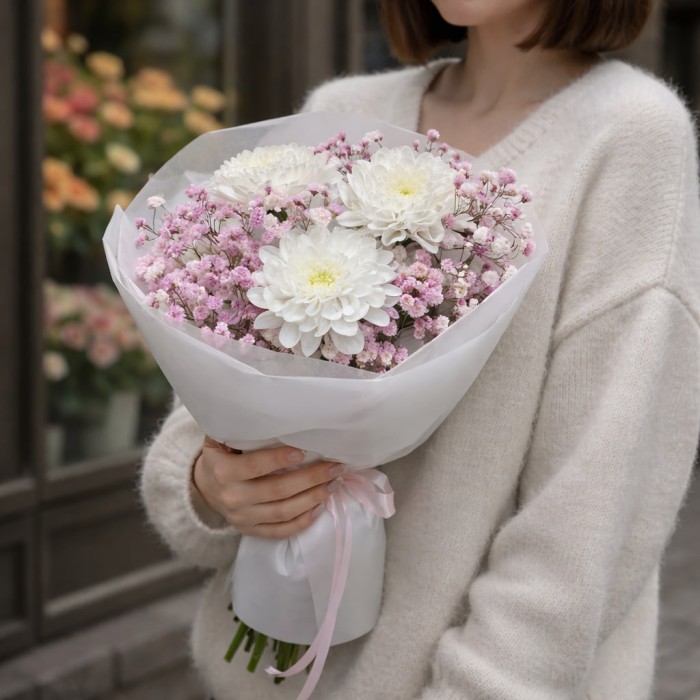 Букет 3 белые хризантемы с розовой гипсофилой