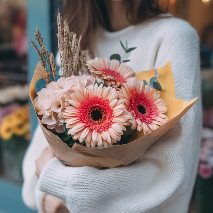 3 герберы с гортензией и пшеницей