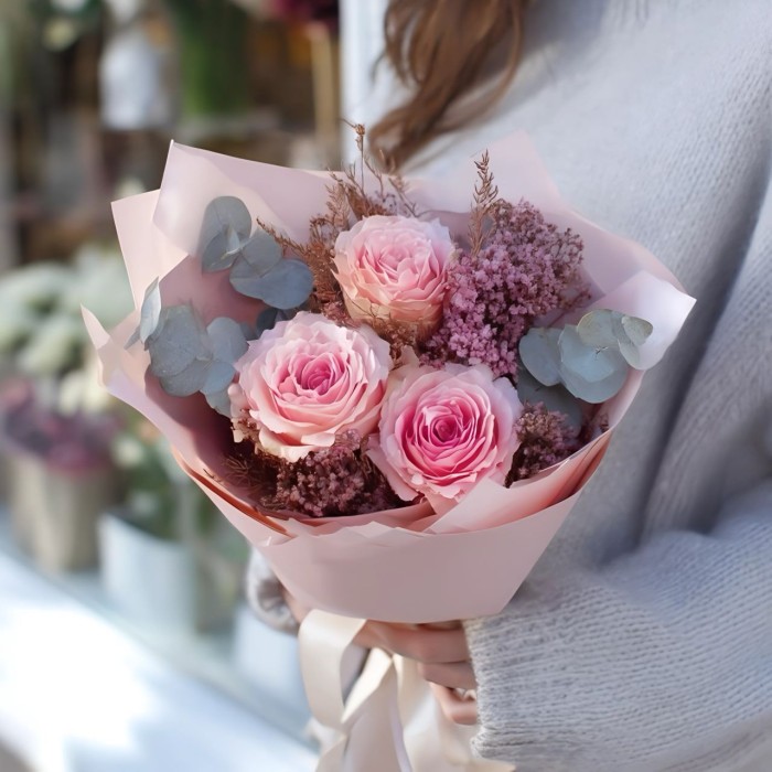 Букет 3 розовые розы с сухоцветом