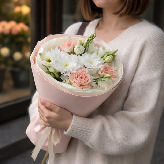 Букет 3 розовых диантуса с эустомой