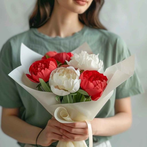 5 красно-белых пионов
