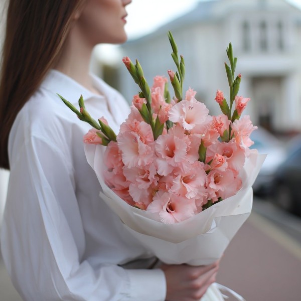 5 розовых гладиолусов