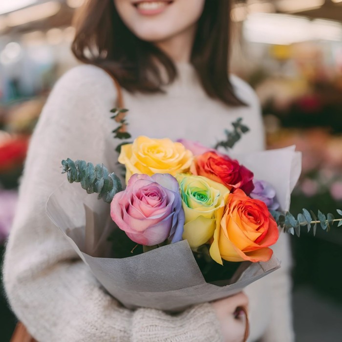 Букет 7 радужных роз с эвкалиптом