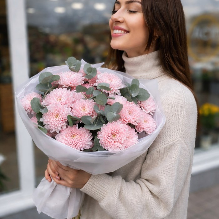 Букет 7 розовых кустовых хризантем с эвкалиптом