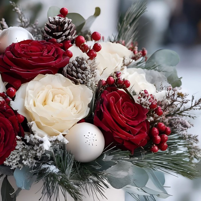 Новогодний букет в белой коробке с розами